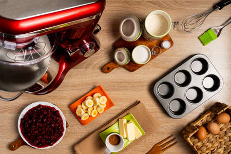 Sour cherries with bananas and baking suppliesの写真素材