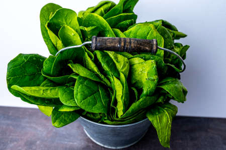 Top view of green spinach in metal bucket