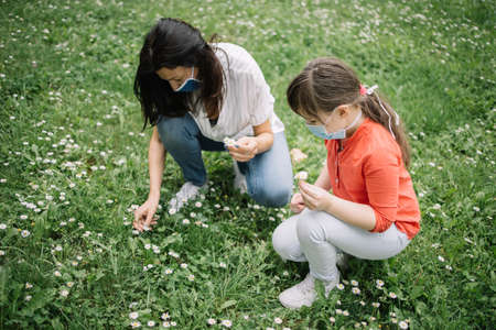 High angle view of mother and child gathering flowers from meadow. Top view of mom and child with antivirus masks holding bouquet in forest.の写真素材