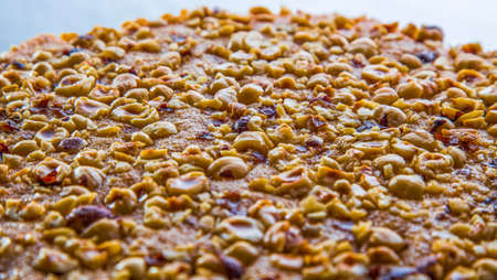 Dessert with chopped nuts against white background. Close-up view of baked cake with chopped hazelnuts with white background.の写真素材