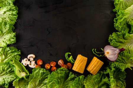 Frame made from lettuce with center copyspace. Lettuce arranged in square shape with mushrooms,...