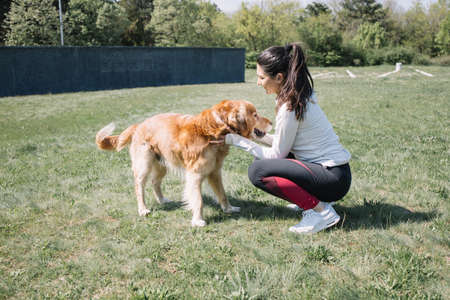 Squatting girl petting retriever dog on field. Beautiful woman wearing sport outfit squatting in park next to her dog.の写真素材