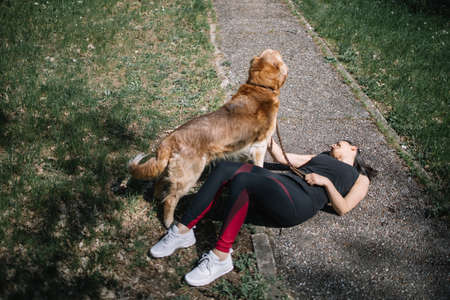 Top view of girl lying on park alley with dog. High angle view of girl resting on forest path while looking her retriever dog.の写真素材