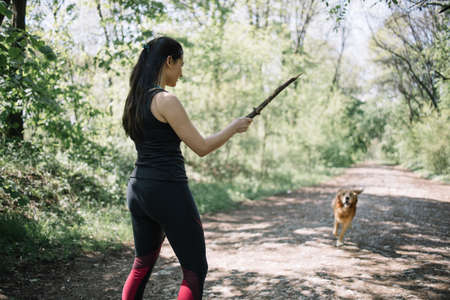 Young girl standing on forest path and playing with dog. Running dog and back of girl dressed in sportswear holding stick in forestの写真素材