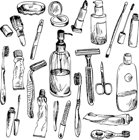 sketch of bathroom objects, hand drawn vectror elementsのイラスト素材