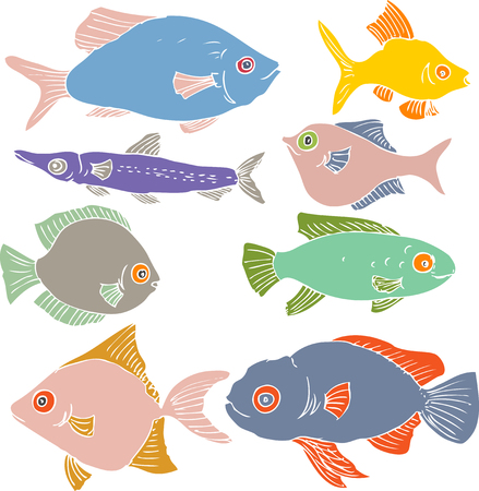 set of different color fishes, flat fishes, silhouttes of fishes, hand drawn design elementsのイラスト素材