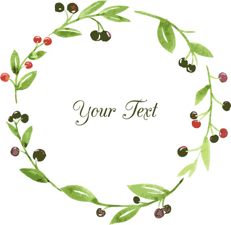 vector watercolor floral frame with green branches, leaves and berries, hand drawn vector templateのイラスト素材