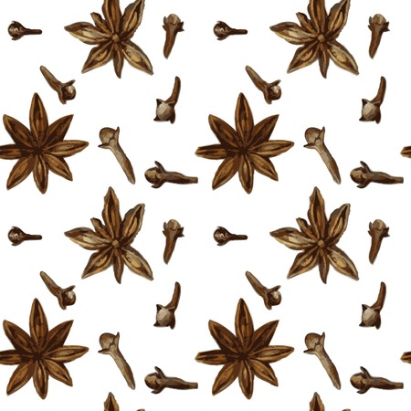 vector seamless pattern with spice, anise and cloves, drawing by watercolor, hand drawn vector illustrationのイラスト素材
