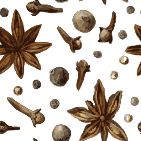 vector seamless pattern with spice, anise,cloves and pepper, drawing by watercolor, hand drawn vector illustrationのイラスト素材