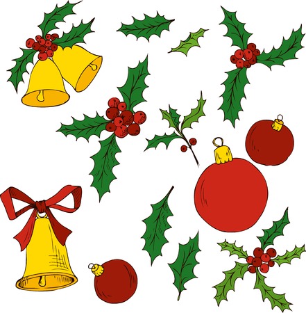 vector christmas set of hand drawn design elements, leaves of holly and bellsのイラスト素材