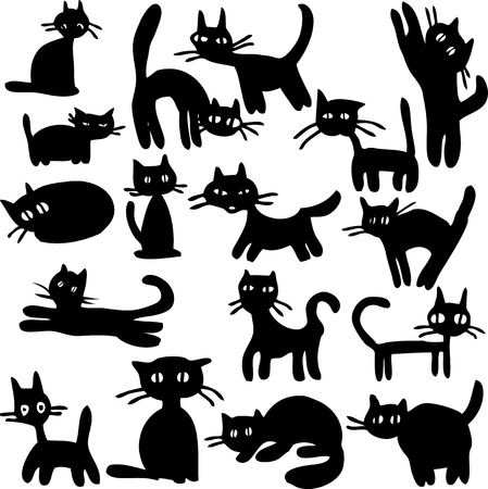 set of cartoon black cat, silhouette, decorative design element, hand drawn vector illustrationのイラスト素材