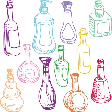 set of perfume bottles, hand drawn vector illustrationのイラスト素材