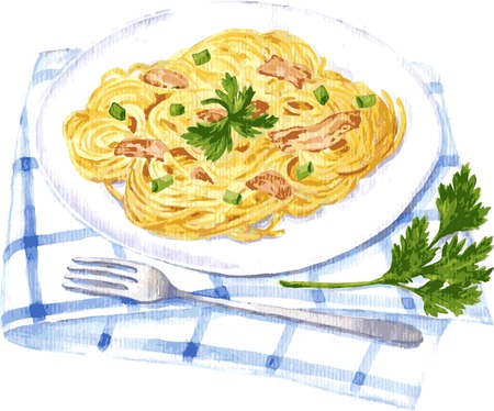 vector illustration of spaghetti carbonara painting by watercolorのイラスト素材