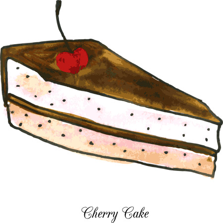pieces of cherry cake drawing by watercolor, vector illustrationのイラスト素材
