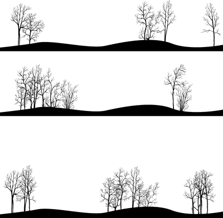 set of different landscapes with winter trees, hand drawn vector illustrationのイラスト素材