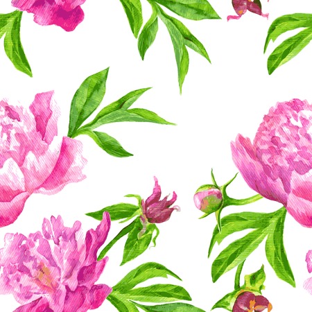 vector watercolor seamless floral pattern with flowers of pink peony, buds, leaves and seeds, hand drawn vector background, textile patternのイラスト素材
