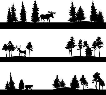 set of different landscapes with coniferous trees and wild animals, silhouettes of forest with elk,deer and bear, hand drawn vector illustrationのイラスト素材