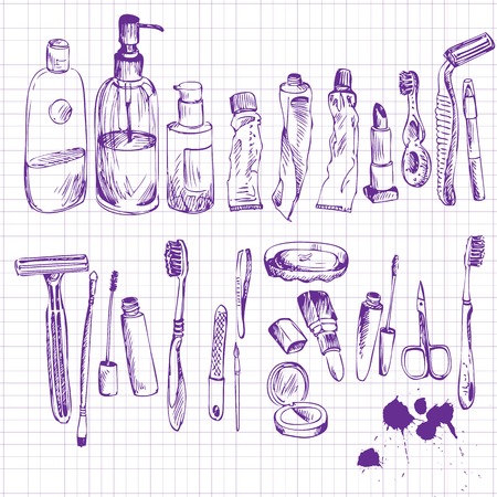 sketch of bathroom objects, cosmetics, perfumes, hygiene and manicure equipment  drawing by ink pen at paper from a school notebook, sketch icons set, hand drawn vectror elementsのイラスト素材