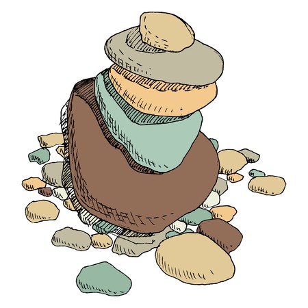 round sea stones  lying on one another, cairn, hand drawn vector illustrationのイラスト素材