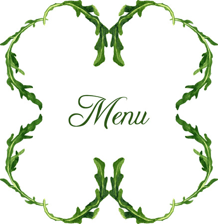 frame with leaves of arugula drawing by watercolor at white background, hand drawn vector illustrationのイラスト素材