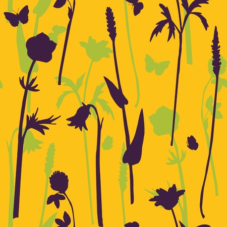 Vector seamless pattern with of line drawing herbs, flowers and butterfly, vector illustrationのイラスト素材