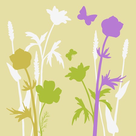 Silhouettes  of flowers and grass with butterflies, vector illustrationのイラスト素材