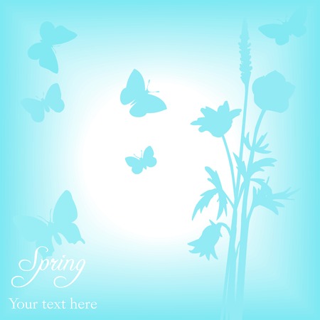 Silhouettes  of flowers and grass with butterflies, vector illustrationのイラスト素材