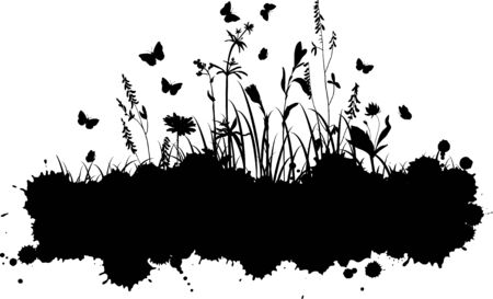 abstract grunge background with spotes and silhouettes  of flowers and grass, vector illustrationのイラスト素材