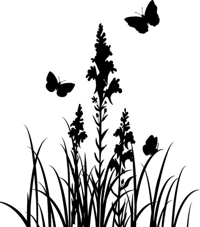 Silhouettes  of flowers and butterflies, vector illustrationのイラスト素材