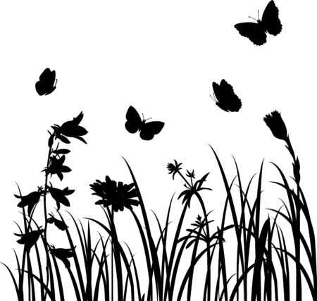 Silhouettes  of flowers and butterflies, vector illustrationのイラスト素材