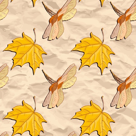 vector seamless pattern  with maple seeds and leaves at black stones, asphalt road, vector illustrationのイラスト素材