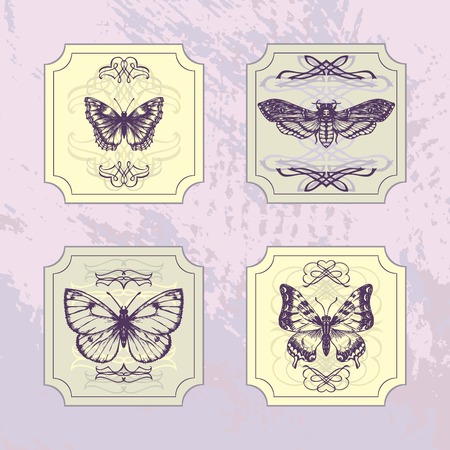 Set of vintage labels with butterflies, vector design elementのイラスト素材