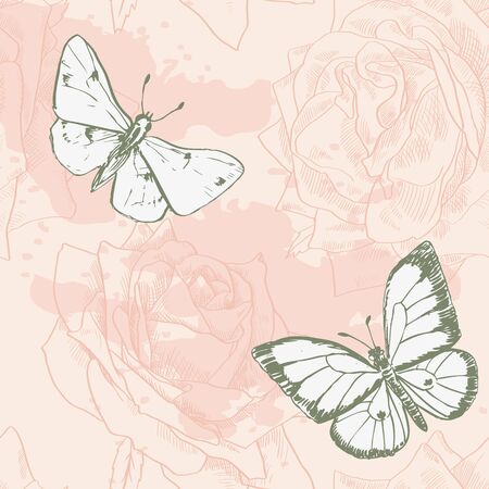 Vintage card with butterflies and roses, vector illustrationのイラスト素材