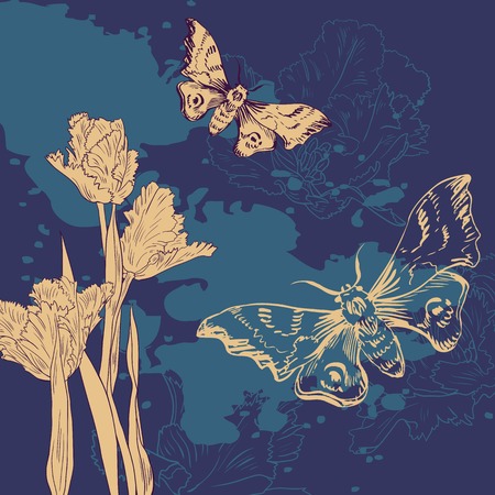 Vintage card with butterflies and tulips, vector illustrationのイラスト素材