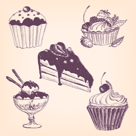 set of hand drawn desserts, cake and ice cream, ink drawing vector illustrationのイラスト素材