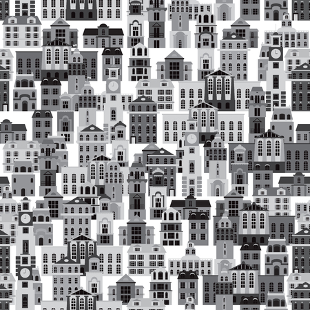 vector seamless pattern with cartoon buildings, monochrome vector illustrationのイラスト素材