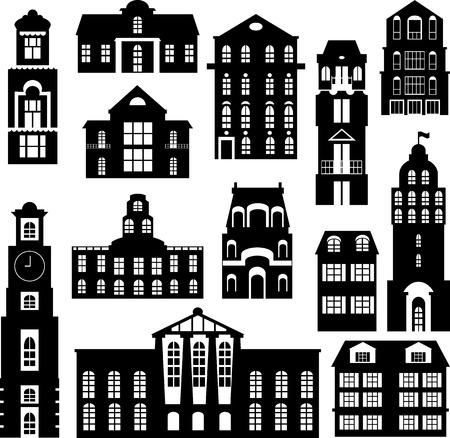 set of city objects, silhouettes of buildings, vector illustrationのイラスト素材