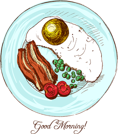Morning breakfast with eggs,bacon and vegetables, hand drawn vector illustrationのイラスト素材