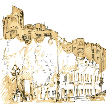 urban sketch, city street with buildings, street lamps and trees,monochrome hand drawn vector illustrationのイラスト素材