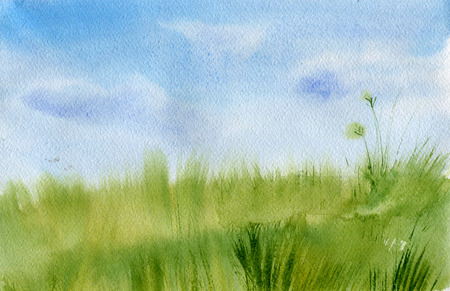meadow grass and blue sky with clouds, abstract watercolor landscapeの写真素材