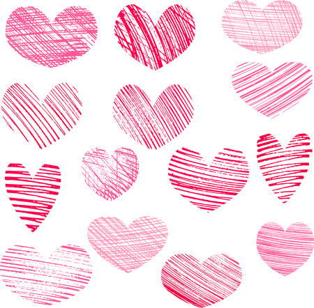 hearts, valentines symbols, big set of hatching hearts isolated at white backgroundのイラスト素材