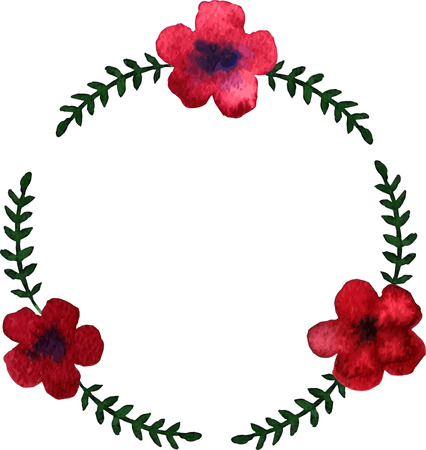 vector round wreath with watercolor red flowers, floral frame,hand drawn vector templateのイラスト素材