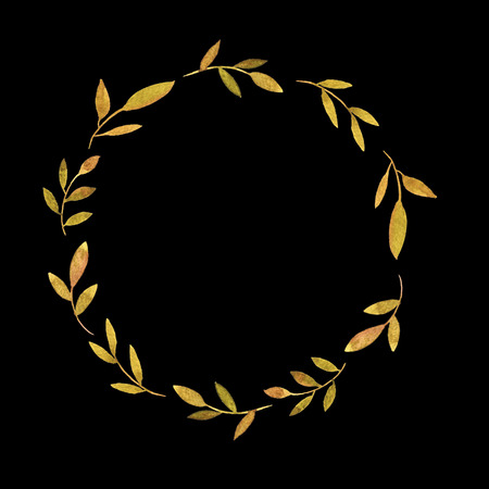 round wreath with watercolor branches and leaves at black background, floral frame,hand drawn templateの写真素材