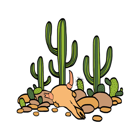 cactus, cow scull and stones at white background, hand drawn vector illustrationのイラスト素材