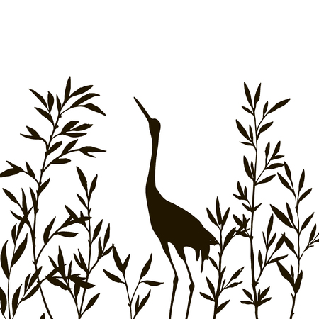 heron in thicket of branches with leaves,crane bird and bamboo shoots,hand drawn vector illustrationのイラスト素材