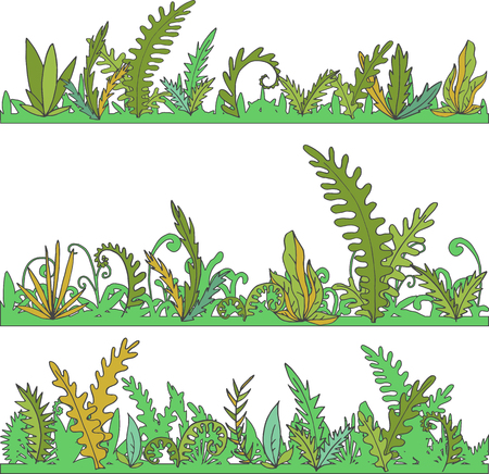 abstract vector landscapes with grass and plants, cartoon wild herbs, green jungle vegetation, hand drawn vector backgroundのイラスト素材
