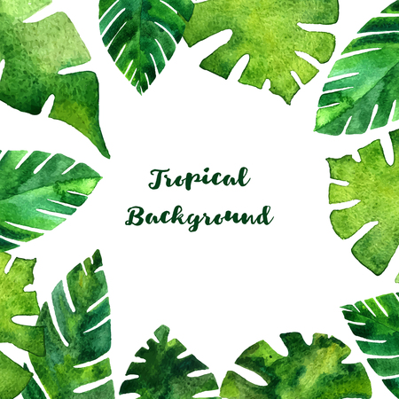 background with watercolor green  leaves of palm tree, exotic leaves, tropical nature background, hand drawnのイラスト素材