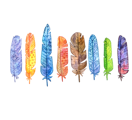 set of watercolor drawing feathers, ornate color plumelet isolated at white background, hand drawn elementsの写真素材