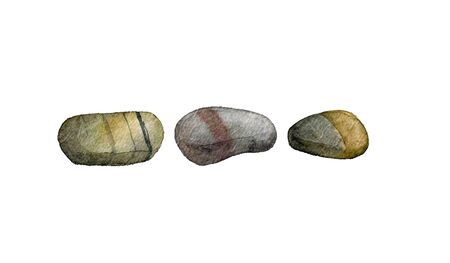 sea stones drawing in watercolor, pebbles isolated at white background, hand drawn watercolor illustrationの写真素材