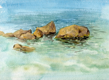 rocks in the sea shore with reflection in calm water, landscape drawing in watercolor, hand painting illustrationの写真素材